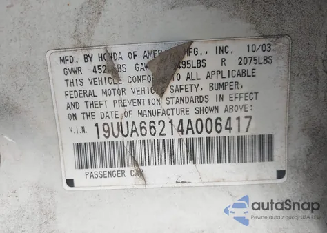 2004 Acura Tl z USA, uszkodzony, nr VIN 19UUA66214A006417